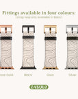 Image of four Terrain Vegan Leather Apple Watch Bands for Apple Watch in eco-friendly materials, available in Rose Gold, Black, Gold, and Silver. "Fittings available in four colors: (strap loop only available in black)" is written above. The Casulo logo elegantly placed at the bottom.