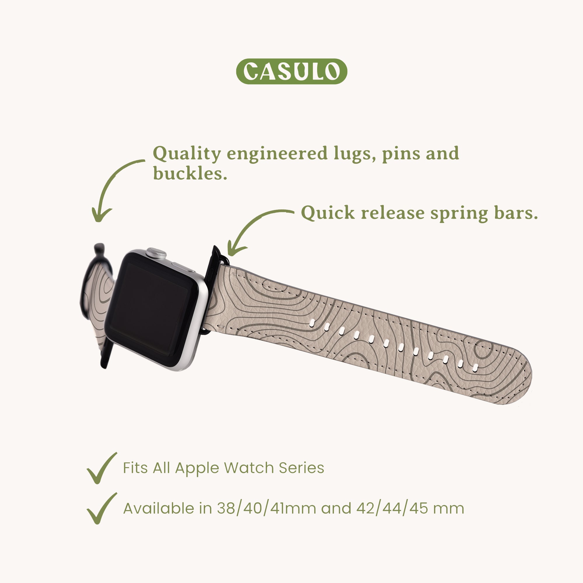 The image displays the Terrain Vegan Leather Apple Watch Band, featuring a textured eco-friendly band, quality lugs, pins, buckles, and quick-release spring bars. It fits Apple Watch series in sizes 38/40/41mm and 42/44/45mm.