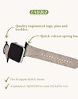 The image displays the Terrain Vegan Leather Apple Watch Band, featuring a textured eco-friendly band, quality lugs, pins, buckles, and quick-release spring bars. It fits Apple Watch series in sizes 38/40/41mm and 42/44/45mm.