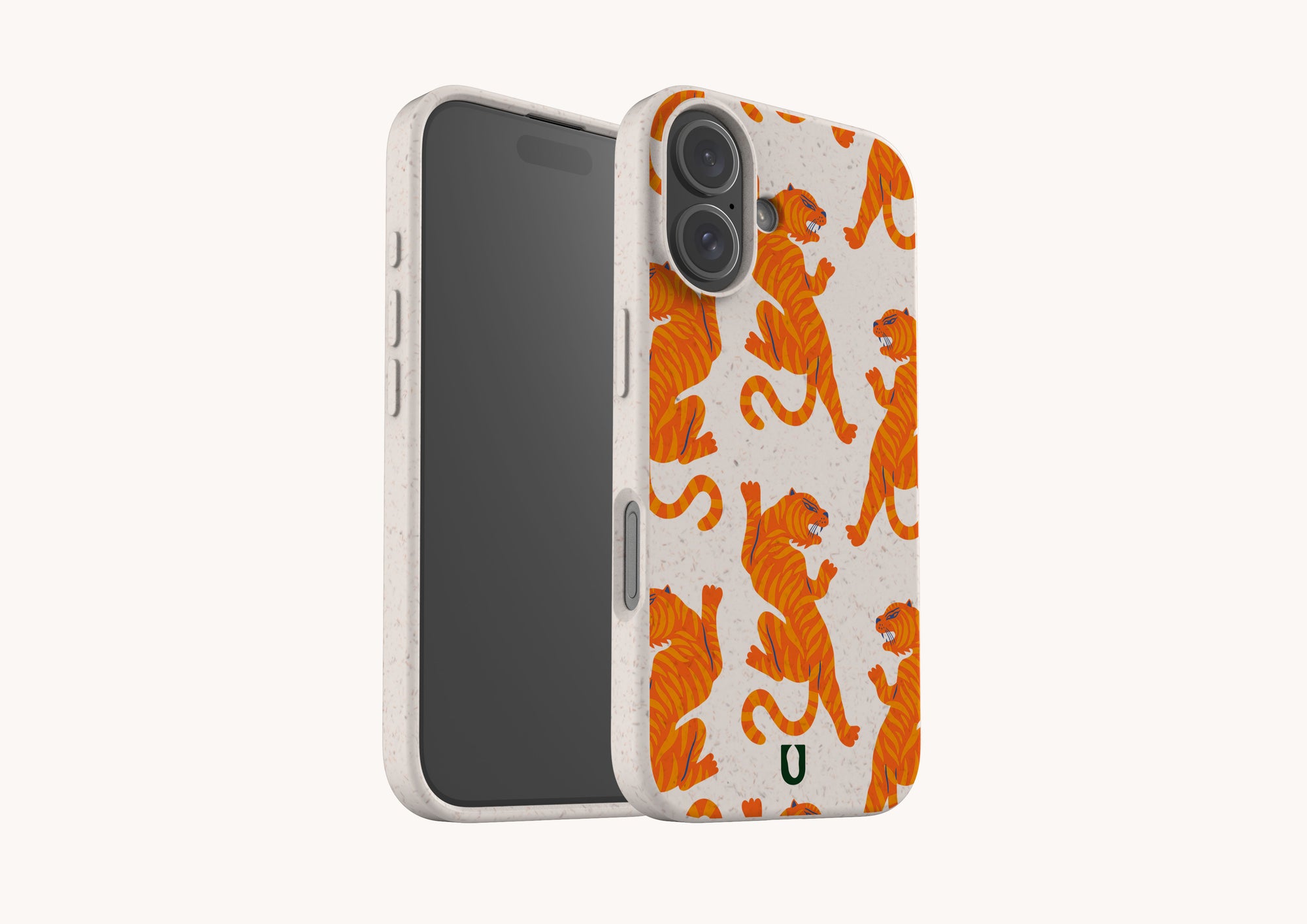 Compostable tiger print phone case for iPhone 14 Pro Max made from plant-based materials.
