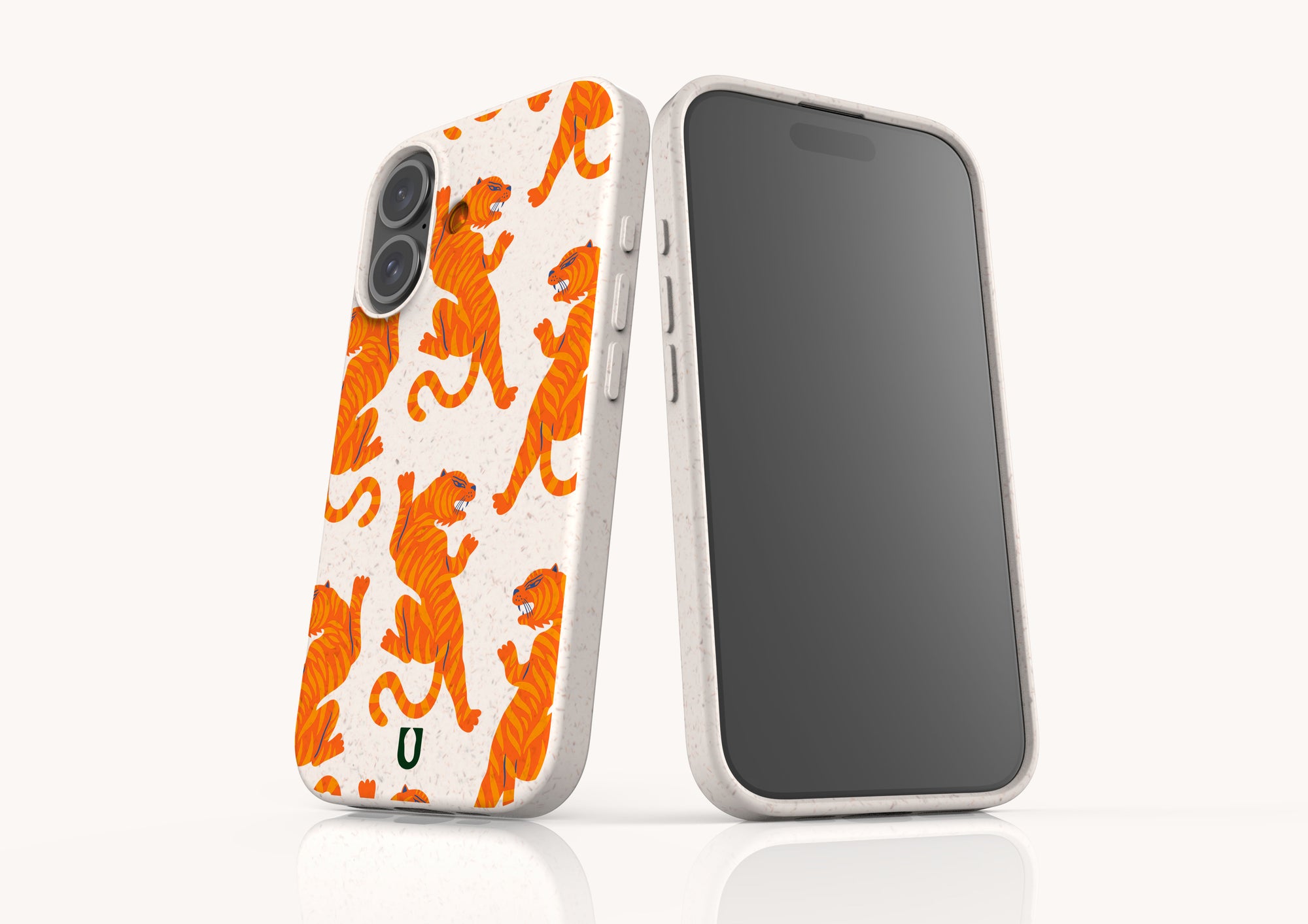Eco-friendly iPhone 13 case with tiger design, shown on sustainable packaging.