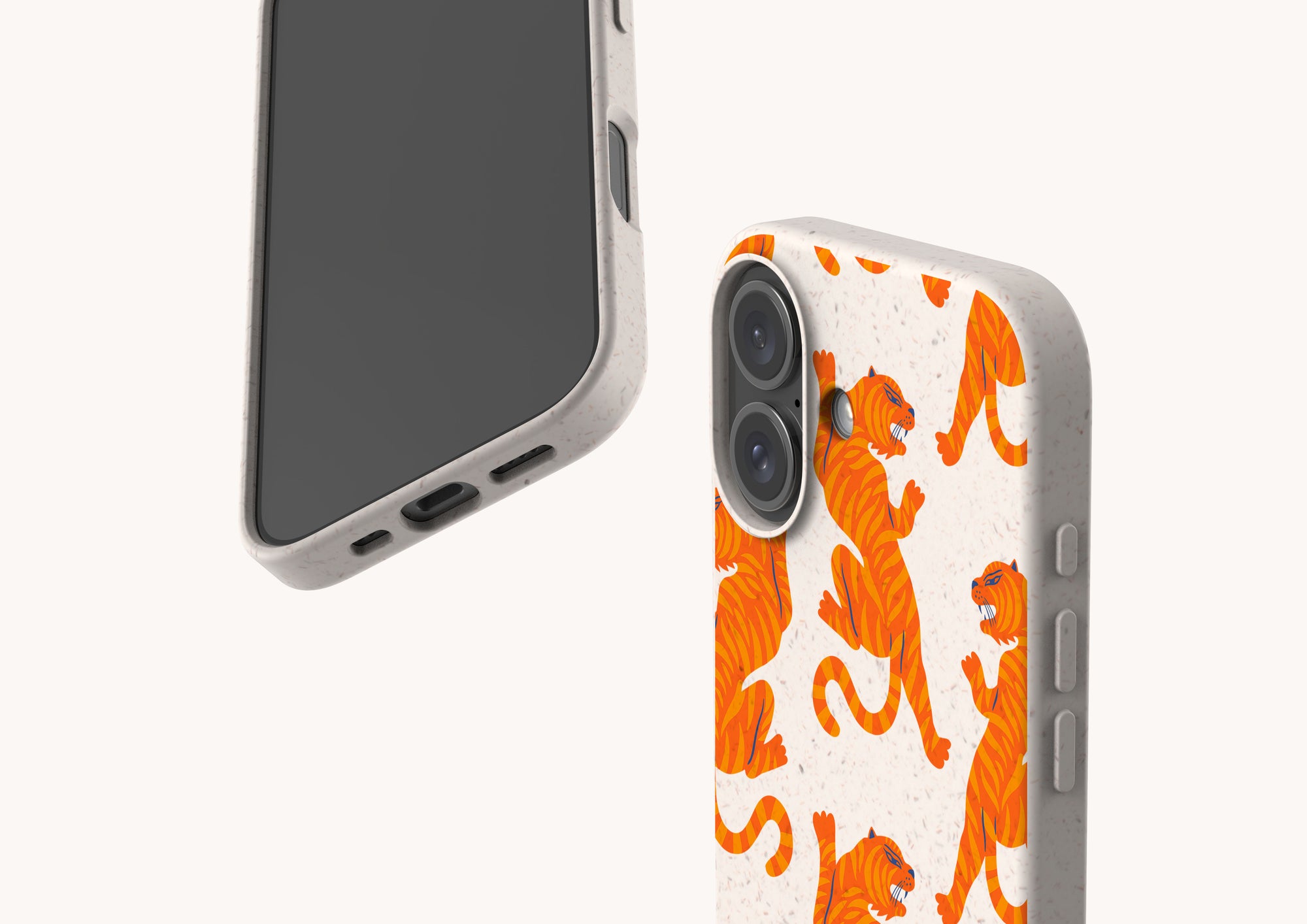 Close-up of Casulo’s tiger-print biodegradable phone case for iPhone 12, featuring soft matte finish.