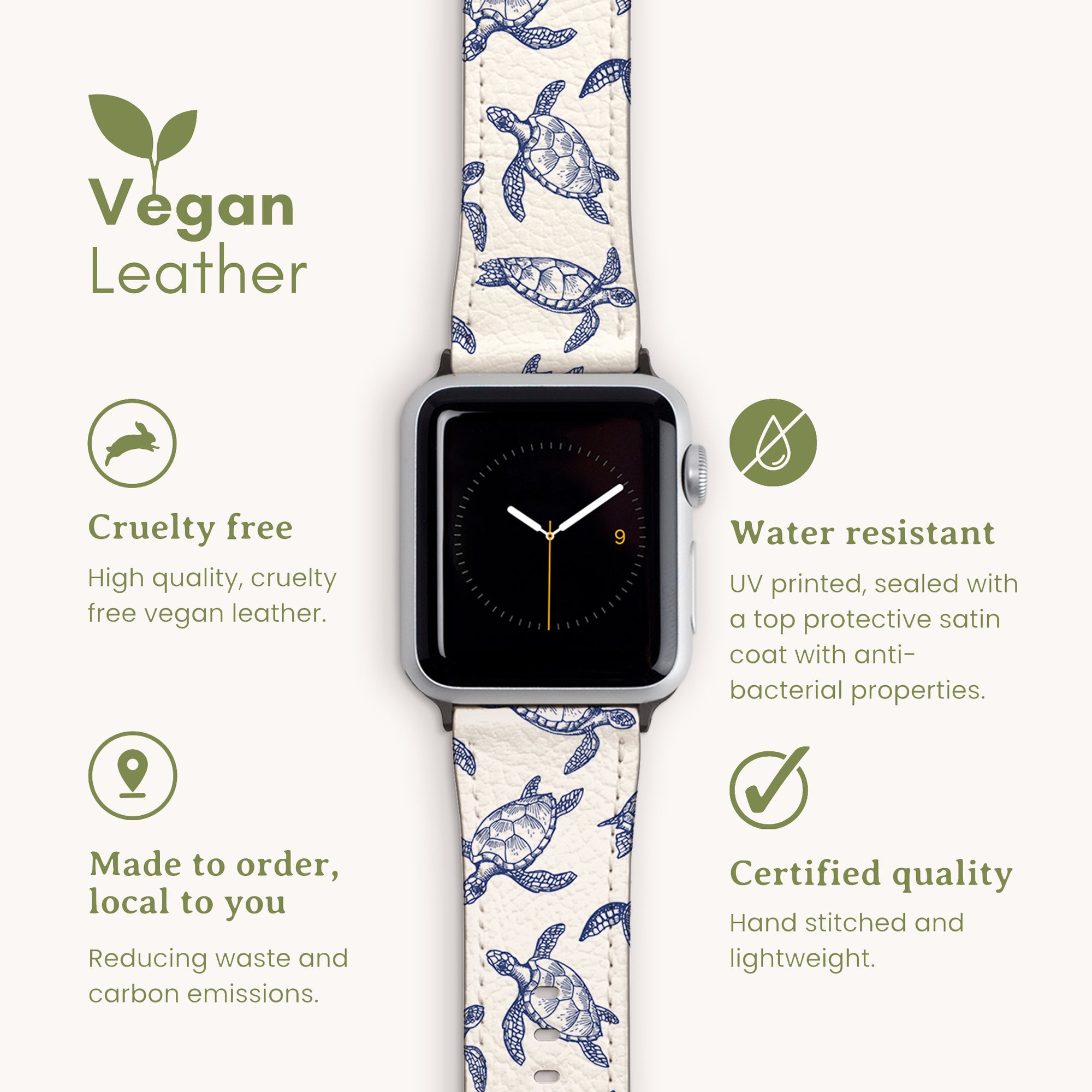 The Turtles Vegan Leather Apple Watch Band is an eco-friendly, cruelty-free accessory with a turtle design. It's water-resistant and made-to-order, ensuring reduced waste and certified quality—perfect for those seeking sustainability with style.