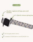 The Turtles Vegan Leather Apple Watch Band is eco-friendly, featuring a blue and white turtle pattern. It includes engineered lugs, quick-release spring bars, and fits 38/40/41mm and 42/44/45mm sizes, combining style with sustainability.