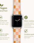 The image features the Pink Checker Vegan Leather Apple Watch Band with a light palette of pink, beige, and orange. It boasts cruelty-free materials, water resistance, is made to order and certified quality.