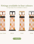 The CASULO Pink Checker Vegan Leather Apple Watch Band, displayed in rose gold, black, gold, and silver with eco-friendly vegan leather straps. Top text: "Fittings available in four colours: (strap loop only available in black).