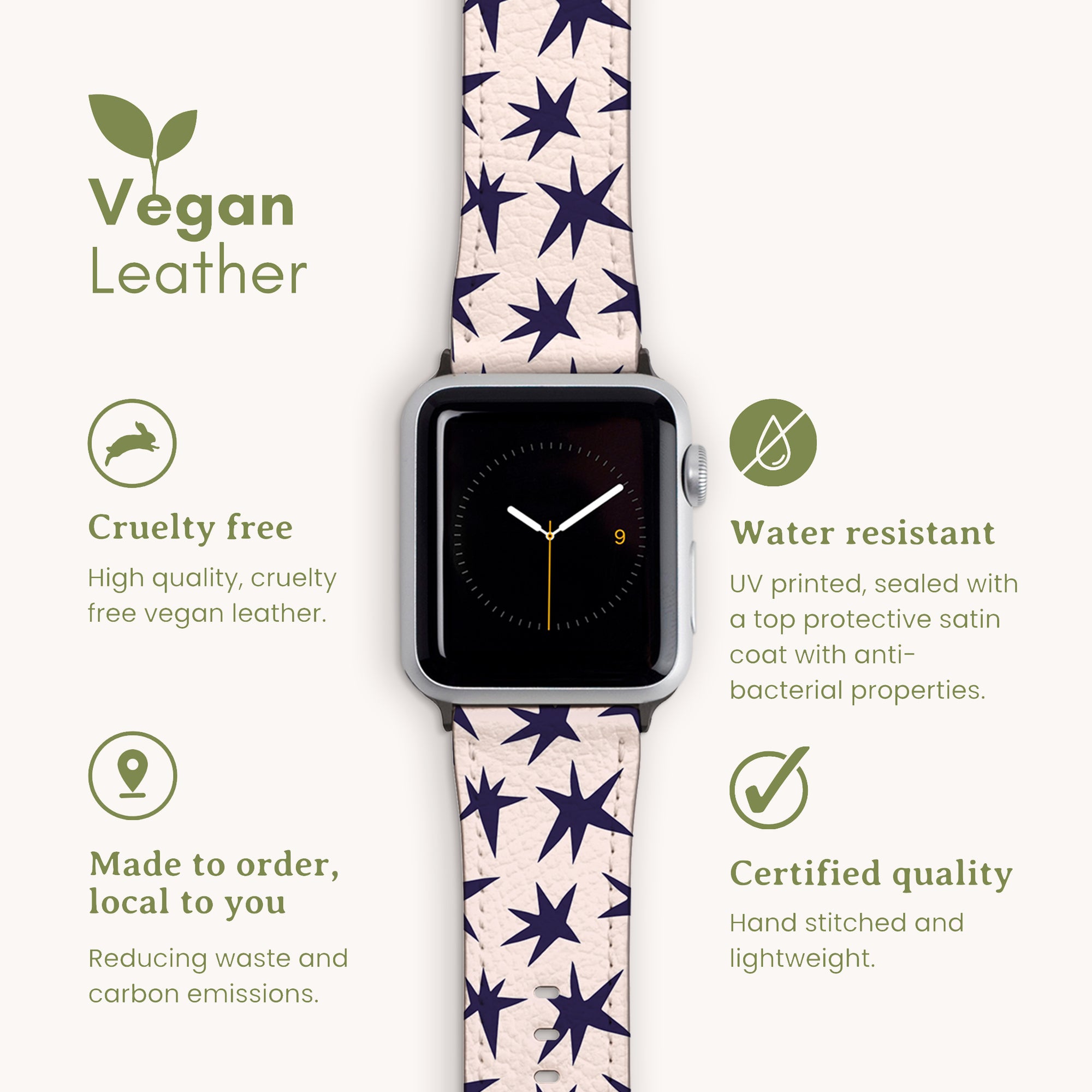Introducing the eco-friendly Wonky Stars Vegan Leather Apple Watch Band, featuring a navy star pattern on a beige background. Crafted from cruelty-free, water-resistant vegan leather, it’s locally made with reduced carbon emissions, certified quality, hand-stitched, and lightweight.