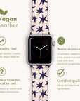 Introducing the eco-friendly Wonky Stars Vegan Leather Apple Watch Band, featuring a navy star pattern on a beige background. Crafted from cruelty-free, water-resistant vegan leather, it’s locally made with reduced carbon emissions, certified quality, hand-stitched, and lightweight.