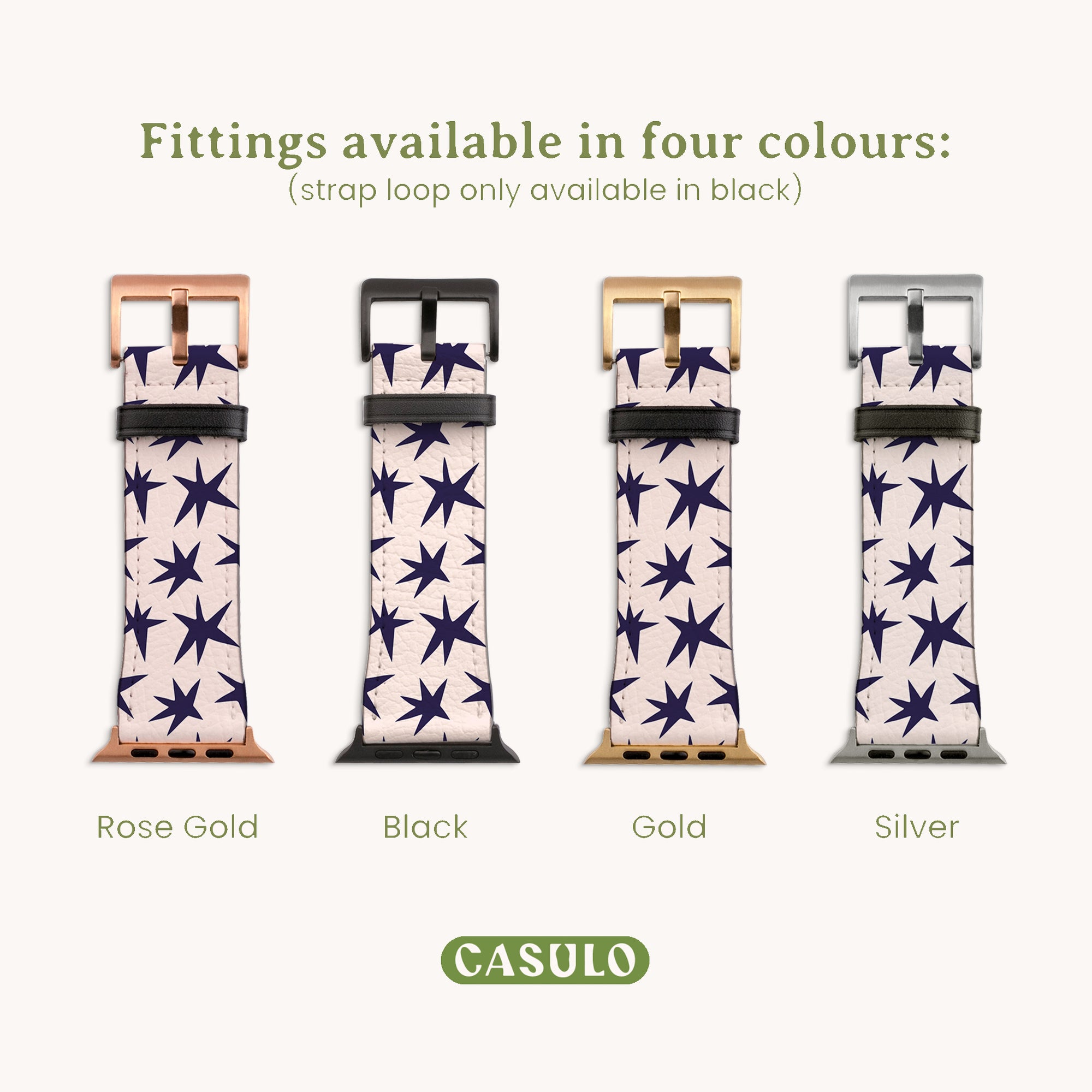 Four Wonky Stars Vegan Leather Apple Watch Bands, crafted with eco-friendly materials and featuring star patterns, come in rose gold, black, gold, and silver fitting colors. The strap loop is exclusively available in black for a sleek finish.