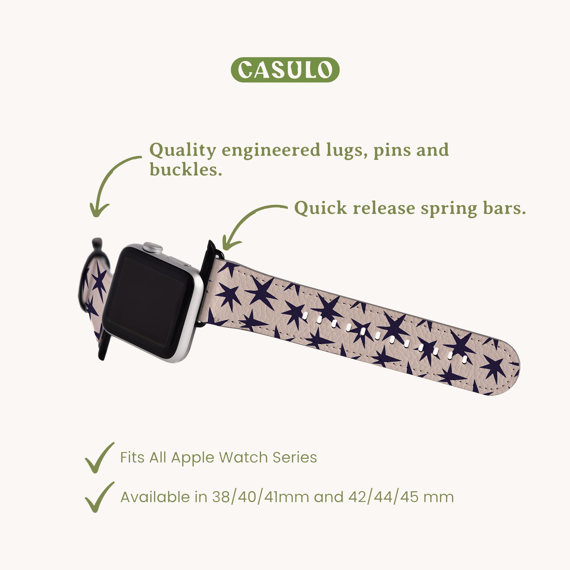 The Wonky Stars Vegan Leather Apple Watch Band features a star pattern and is made from eco-friendly materials. It showcases quality engineered lugs, pins, buckles, and quick-release spring bars, fitting all Apple Watch series in various sizes.