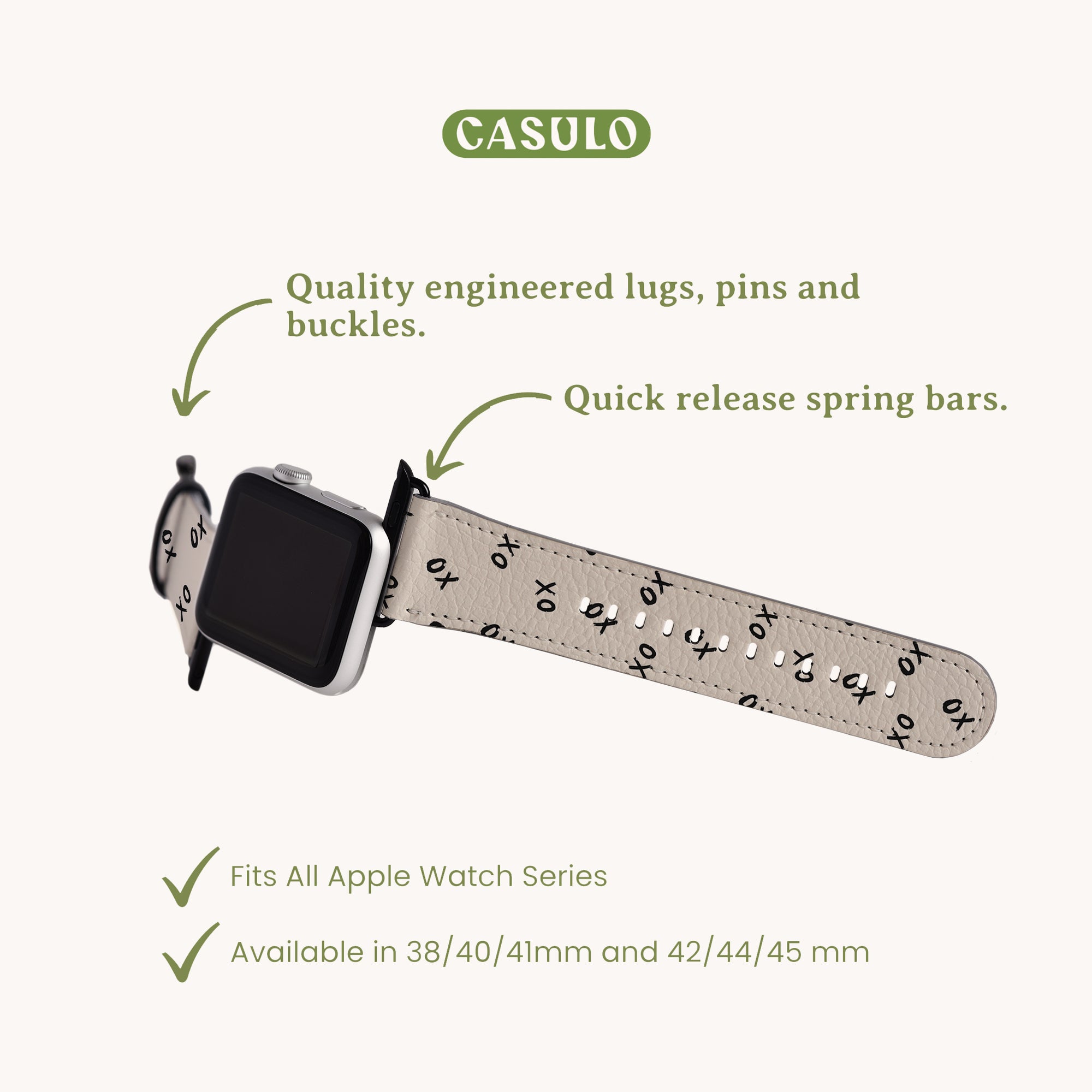 The Xo Xo Vegan Leather Apple Watch Band is shown with a white strap featuring black designs. It highlights details like lugs, pins, buckles, and quick release spring bars, emphasizing eco-conscious craftsmanship and compatibility with various Apple Watch sizes.
