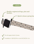 The Xo Xo Vegan Leather Apple Watch Band is shown with a white strap featuring black designs. It highlights details like lugs, pins, buckles, and quick release spring bars, emphasizing eco-conscious craftsmanship and compatibility with various Apple Watch sizes.