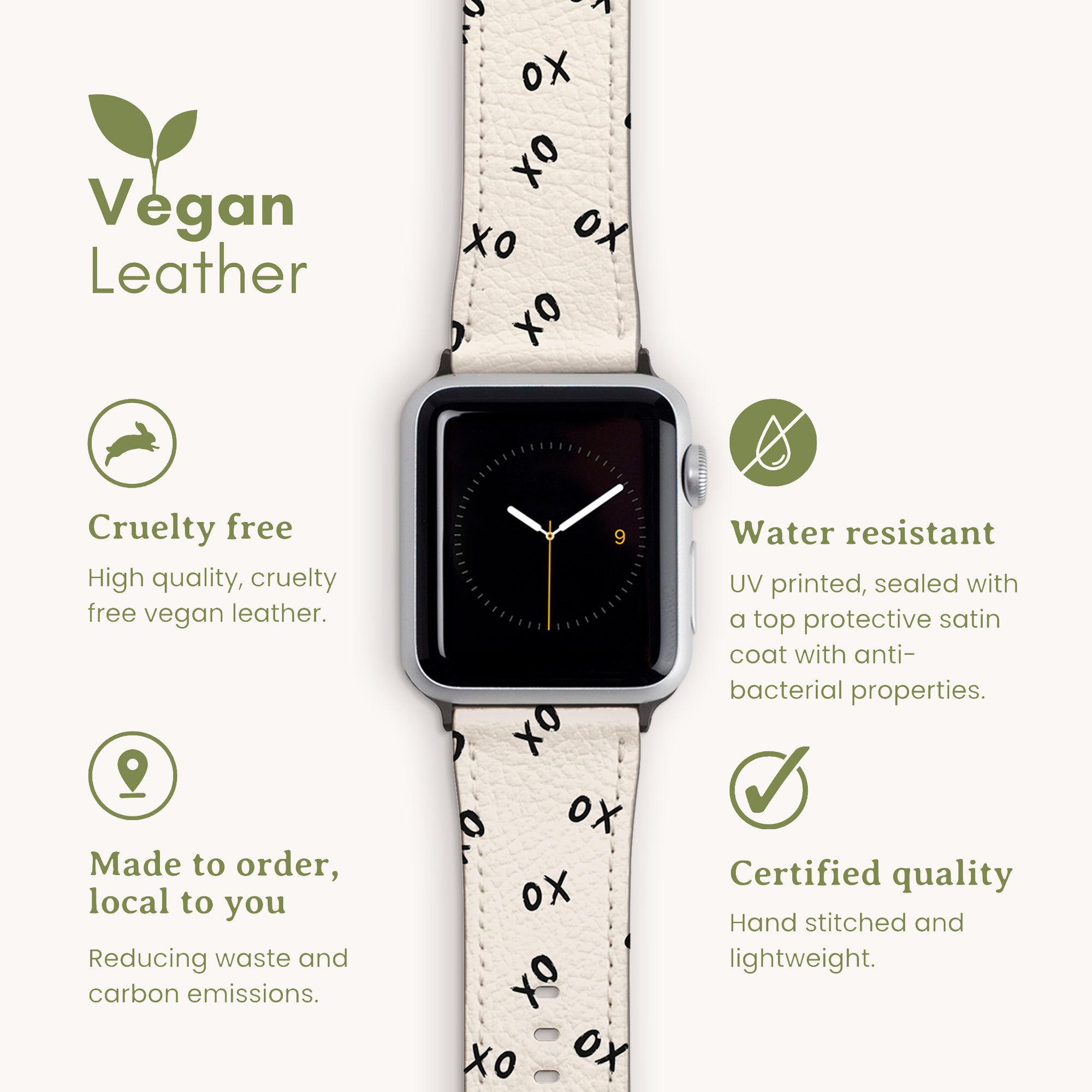 The eco-friendly Xo Xo Vegan Leather Apple Watch Band, cruelty-free and water-resistant, features a white background with black "XO" patterns. It exemplifies sustainable craftsmanship, reducing waste and carbon emissions while ensuring certified quality.