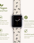 The eco-friendly Xo Xo Vegan Leather Apple Watch Band, cruelty-free and water-resistant, features a white background with black "XO" patterns. It exemplifies sustainable craftsmanship, reducing waste and carbon emissions while ensuring certified quality.
