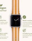 Introducing the Orange Stripes Vegan Leather Apple Watch Band: a sustainable and stylish choice for your smartwatch. Crafted from eco-friendly vegan leather, this band showcases chic orange stripes and beige accents. It's cruelty-free, water-resistant, antibacterial, made to order, and quality certified, with icons spotlighting each remarkable feature.