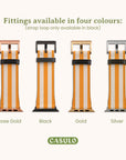 Four Orange Stripes Vegan Leather Apple Watch Bands are displayed in a row, each showcasing brown, white, and orange stripes. The bands feature varying fittings: rose gold, black, gold, and silver. Text above reads, "Fittings available in four colours," with a note about the strap loop. The brand name "CASULO" is below.