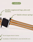 The Orange Stripes Vegan Leather Apple Watch Band boasts a stylish brown and beige striped design, complete with high-quality engineered lugs, pins, buckles, and quick release spring bars. Compatible with all Apple Watch series and offered in various sizes, it provides a chic alternative to traditional bands.