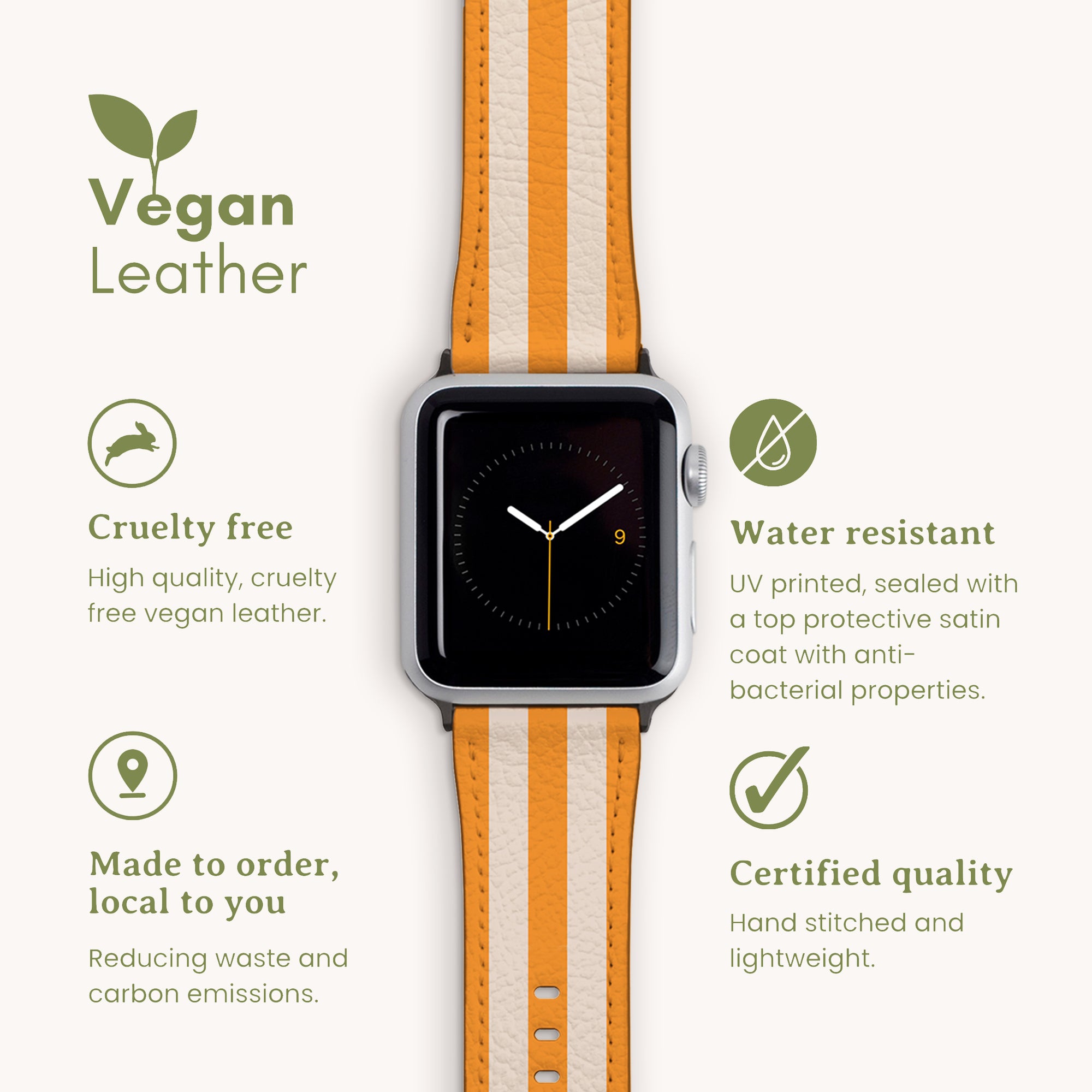 The Yellow Beige Stripes Vegan Leather Apple Watch Band features a cruelty-free, water-resistant design with customizable options, ensuring certified quality. Icons showcasing these features accompany the stylish watch band.