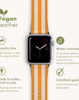 The Yellow Beige Stripes Vegan Leather Apple Watch Band features a cruelty-free, water-resistant design with customizable options, ensuring certified quality. Icons showcasing these features accompany the stylish watch band.
