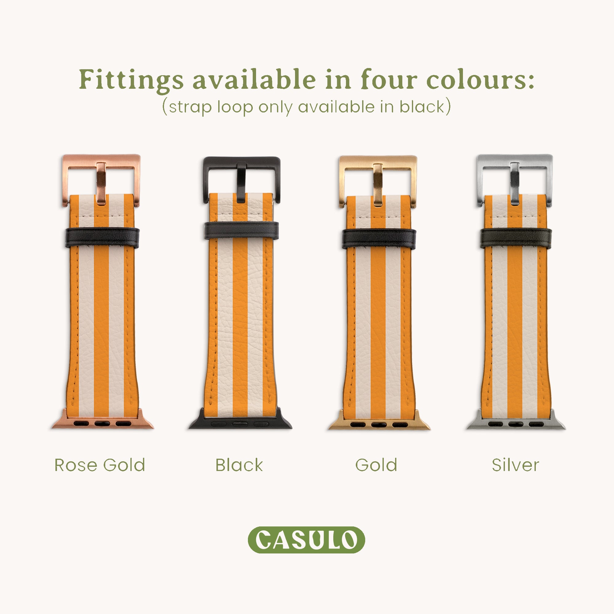 Four vertical Yellow Beige Stripes Vegan Leather Apple Watch Bands are shown, each with rose gold, black, gold, or silver fittings and a black loop. The cruelty-free faux leather straps have an orange and cream design, and text above highlights the four color options for fittings.