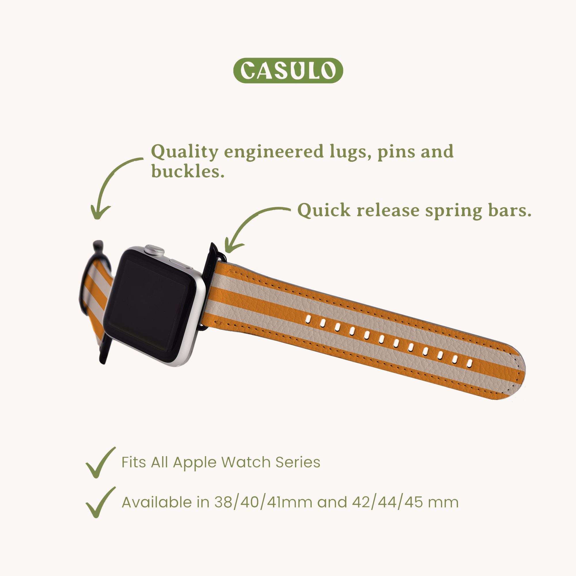 The Casulo Yellow Beige Stripes Vegan Leather Apple Watch Band features a cruelty-free faux leather brown and orange striped design with metal lugs and quick release spring bars. It fits all Apple Watch series in 38/40/41mm and 42/44/45mm sizes.