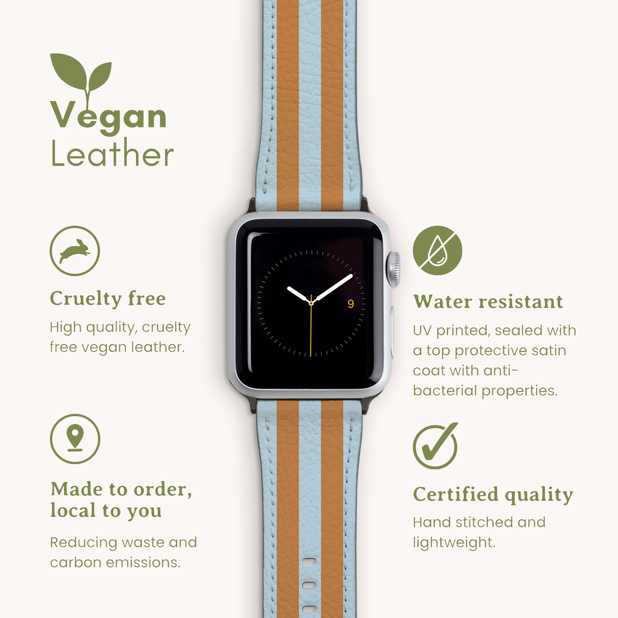 Explore the elegance of our Brown and Blue Stripes Vegan Leather Apple Watch Band, compatible with Series 1 to 10. Featuring beige and light blue striped vegan leather, it's cruelty-free, water-resistant, locally made to cut emissions, certified for quality, and adorned with a leaf icon.