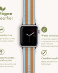 Explore the elegance of our Brown and Blue Stripes Vegan Leather Apple Watch Band, compatible with Series 1 to 10. Featuring beige and light blue striped vegan leather, it's cruelty-free, water-resistant, locally made to cut emissions, certified for quality, and adorned with a leaf icon.