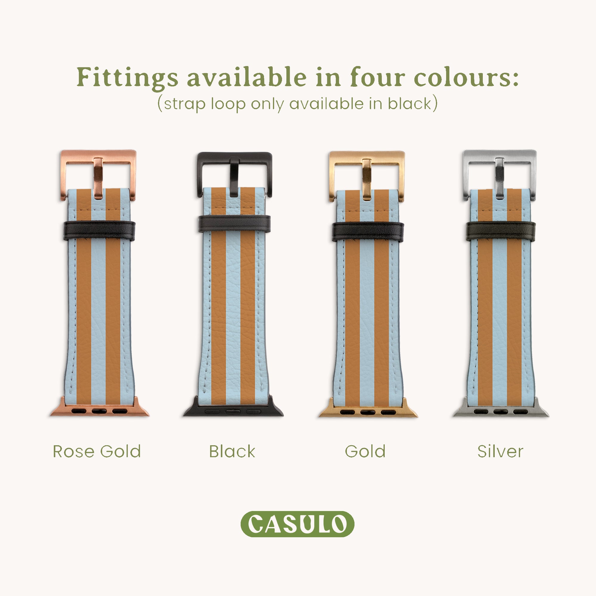 A vertical display of four timelessly elegant watch straps in Rose Gold, Black, Gold, and Silver. The vegan leather Apple Watch band fits Series 1-10, strap loop only in black. The CASULO brand name is elegantly placed at the bottom.