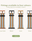 A vertical display of four timelessly elegant watch straps in Rose Gold, Black, Gold, and Silver. The vegan leather Apple Watch band fits Series 1-10, strap loop only in black. The CASULO brand name is elegantly placed at the bottom.