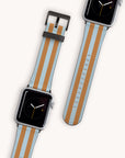Two elegant smartwatches with Brown and Blue Stripes Vegan Leather bands; one displays the time while the other lacks a display. Laid flat, they showcase their timeless elegance, compatible with Series 1 to 10.