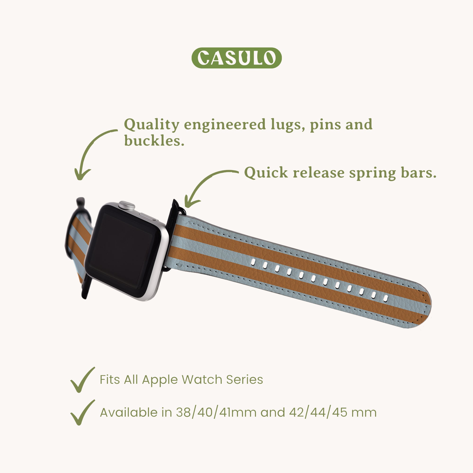 Image of the Brown and Blue Stripes Vegan Leather Apple Watch Band with engineered lugs, pins, buckles, and quick release spring bars. This elegant strap fits all Apple Watch Series 1 to 10 in sizes 38/40/41mm and 42/44/45mm.
