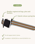 Image of the Brown and Blue Stripes Vegan Leather Apple Watch Band with engineered lugs, pins, buckles, and quick release spring bars. This elegant strap fits all Apple Watch Series 1 to 10 in sizes 38/40/41mm and 42/44/45mm.