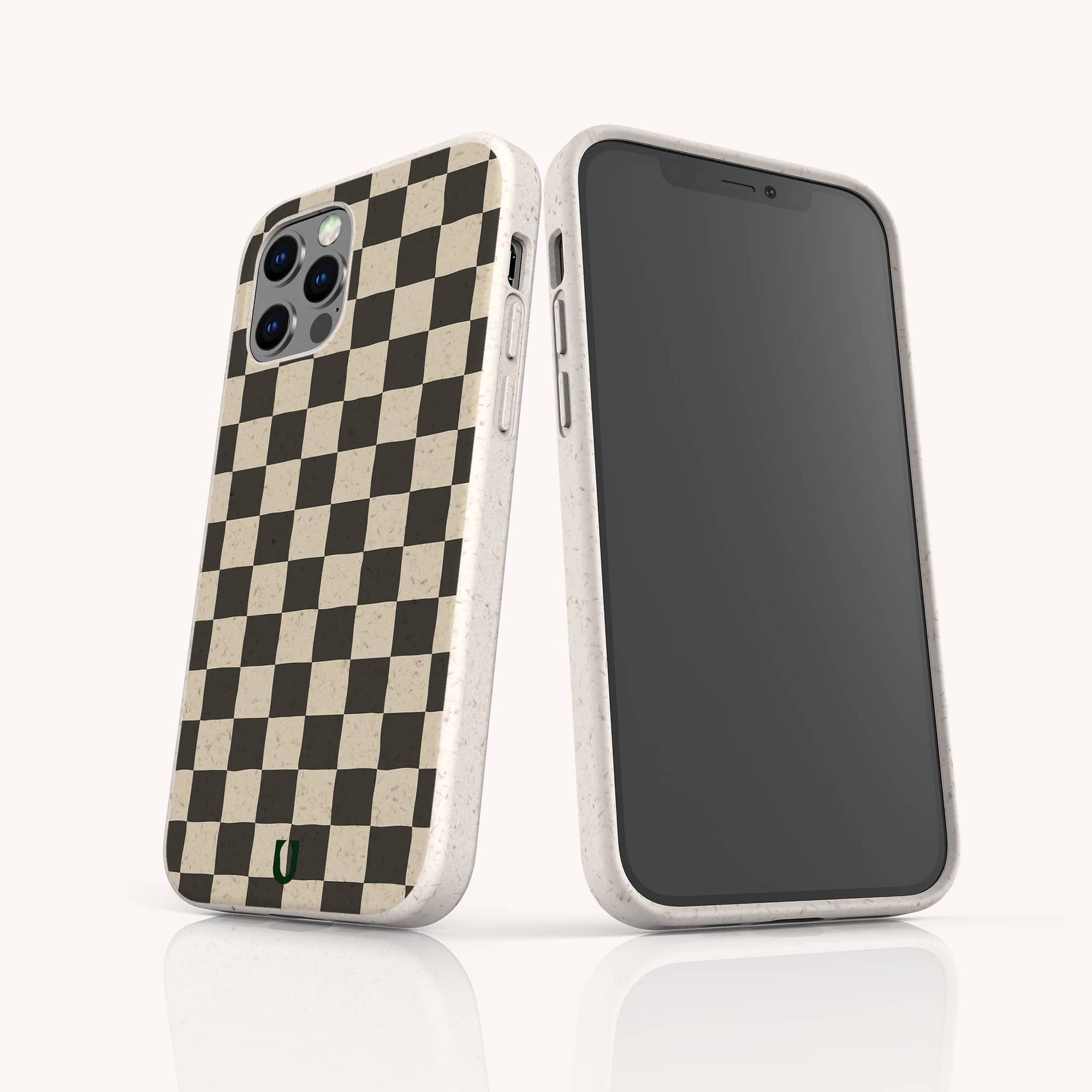 Two smartphones in eco-friendly cases are shown; one displays the Black Checker Eco-Friendly Phone Case with a classic black and beige checker pattern, while the other shows its front screen, both upright against a plain backdrop.