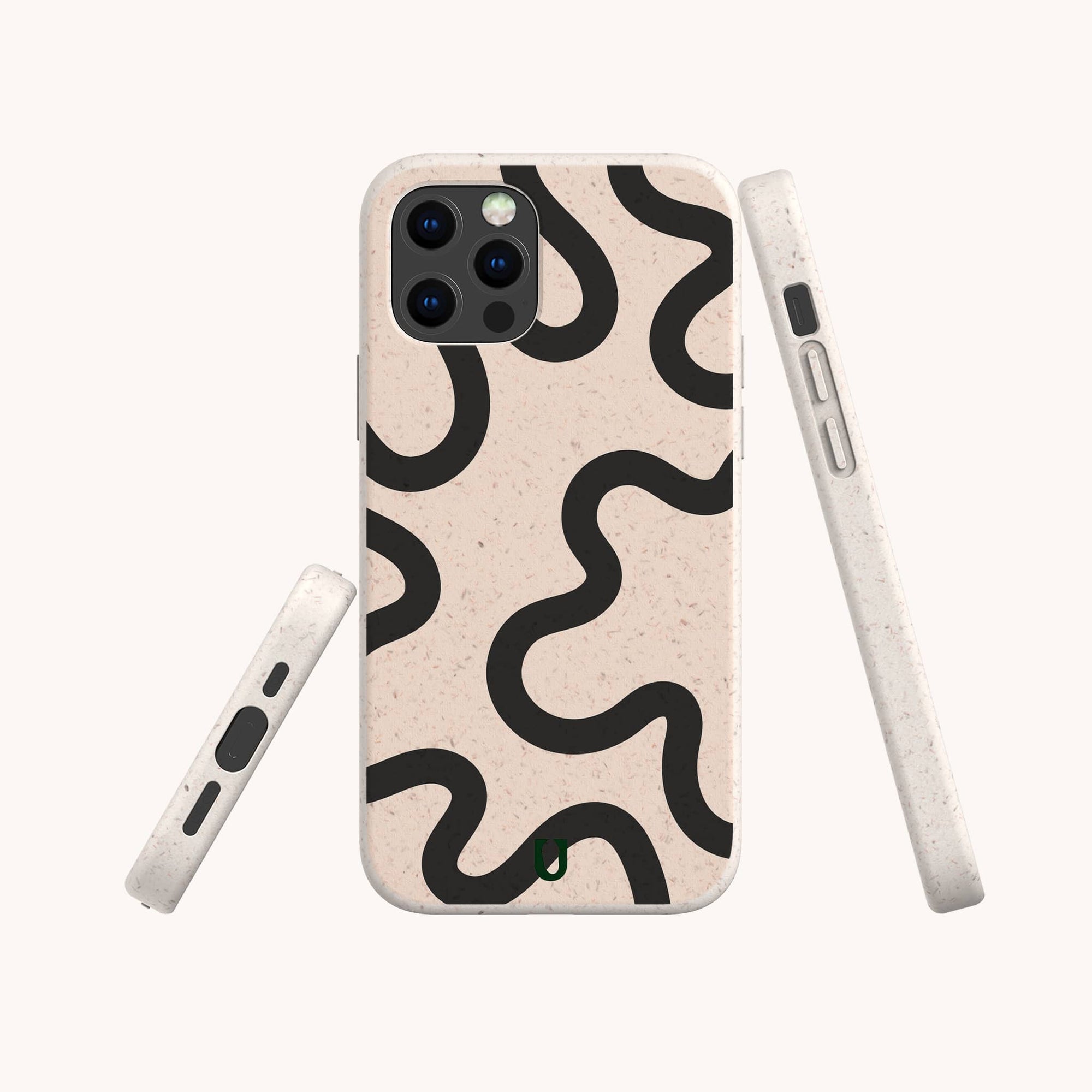 Three views of the eco-friendly Black Swirl Lines Phone Case in beige with black swirl design. Made from compostable materials, shown from back, side, and bottom against a plain light background.