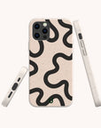 Three views of the eco-friendly Black Swirl Lines Phone Case in beige with black swirl design. Made from compostable materials, shown from back, side, and bottom against a plain light background.