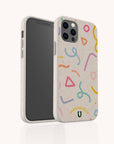 The Confetti Eco-Friendly Phone Case in beige, featuring colorful abstract shapes and squiggles in yellow, pink, blue, and orange, fits iPhone and Samsung Galaxy models and is shown on a white background.