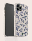 The Turtles Eco-Friendly Phone Case, shown here in white with a blue sea turtle pattern, is featured on a smartphone displayed upright to showcase both the front screen and the sustainable materials used for the back design.