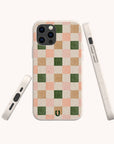 The Pink and Green Checker Eco-Friendly Phone Case, shown from back and both sides on a neutral background, features vegan materials with light pink, green, cream, and beige squares. Compatible with iPhone and Samsung Galaxy.