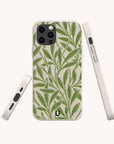 The Willow Eco-Friendly Phone Case is displayed from the back and both sides against a plain off-white background. Showcasing a green leafy pattern, this plant-based phone case features a natural, speckled texture, making it an ideal choice for environmentally conscious users.