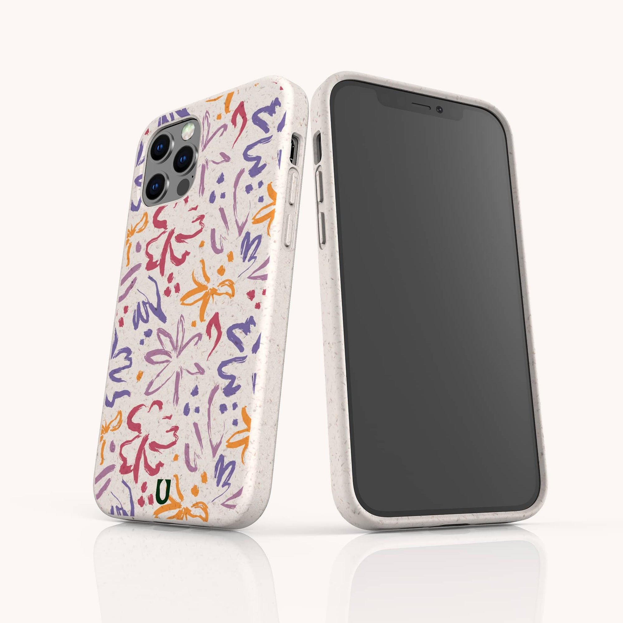 Two smartphones with Flower Strokes Eco-Friendly Phone Case in white, featuring abstract floral brushstrokes in orange, purple, and pink. One displays the design, the other a blank screen. Compatible with iPhone and Samsung Galaxy. Both stand upright on white.