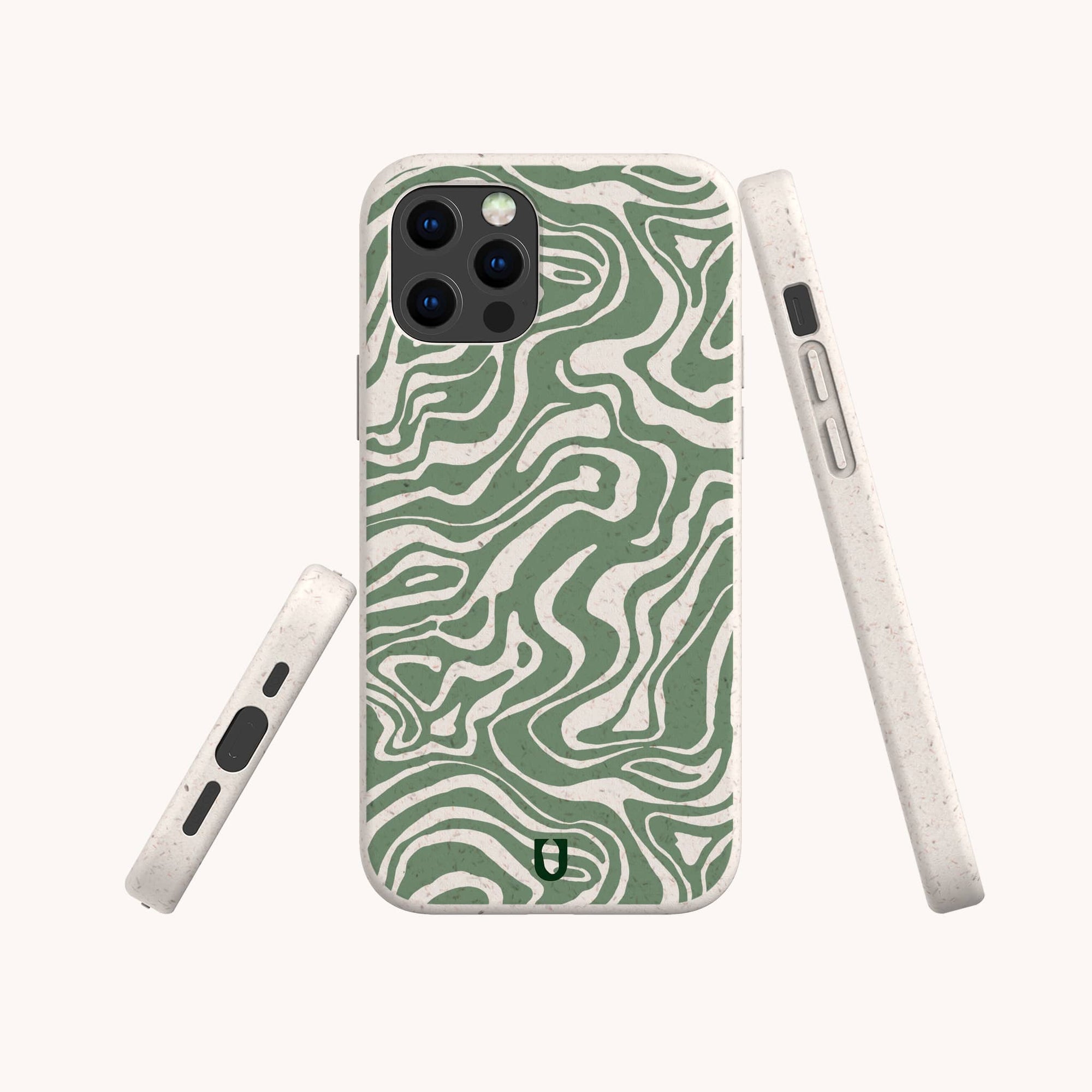 The Green Marble Swirl Eco-Friendly Phone Case features a green and white abstract wavy marble pattern, is compatible with iPhone and Samsung Galaxy devices, and has a small logo at the bottom center.