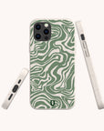 The Green Marble Swirl Eco-Friendly Phone Case features a green and white abstract wavy marble pattern, is compatible with iPhone and Samsung Galaxy devices, and has a small logo at the bottom center.