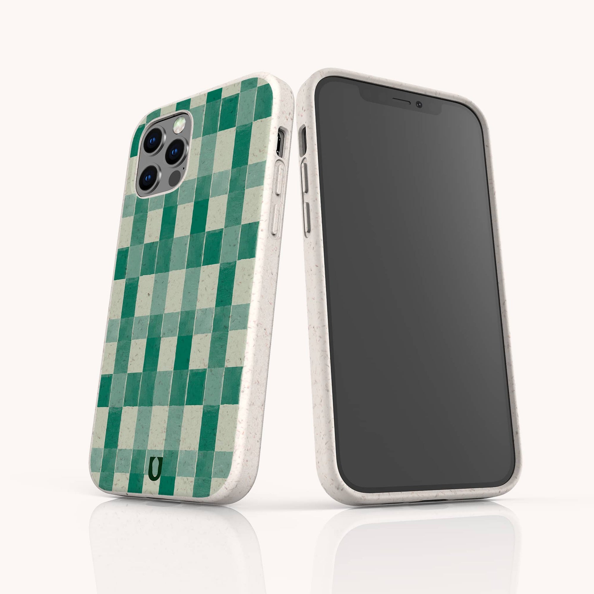 Two Green Watercolour Checker Eco-Friendly Phone Cases, made from biodegradable materials, are shown with a speckled off-white border. One displays the checkered back, the other the front screen; compatible with iPhone and Samsung Galaxy.