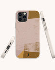 The Caramel Abstract Strokes Eco-Friendly Phone Case, shown in muted pink, gold, and tan tones from multiple angles, highlights its texture, camera cutout, side buttons, and offers stylish sustainable protection.