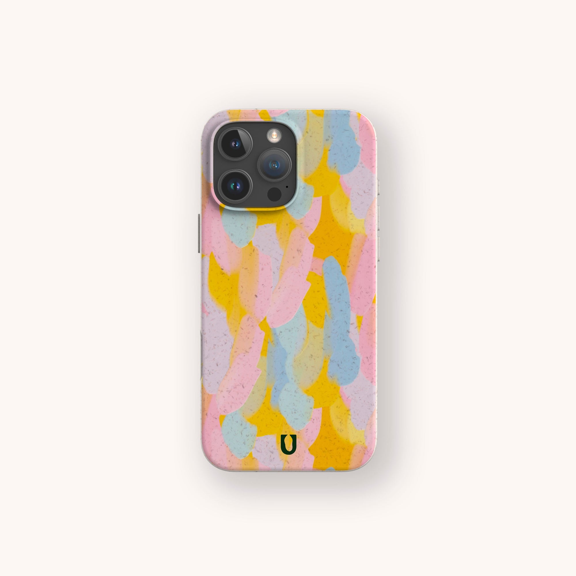 The Bubble Gum Eco-Friendly Phone Case features a colorful abstract pattern with overlapping pink, yellow, and blue brushstrokes on a light background and a small black horseshoe-shaped logo at the bottom.