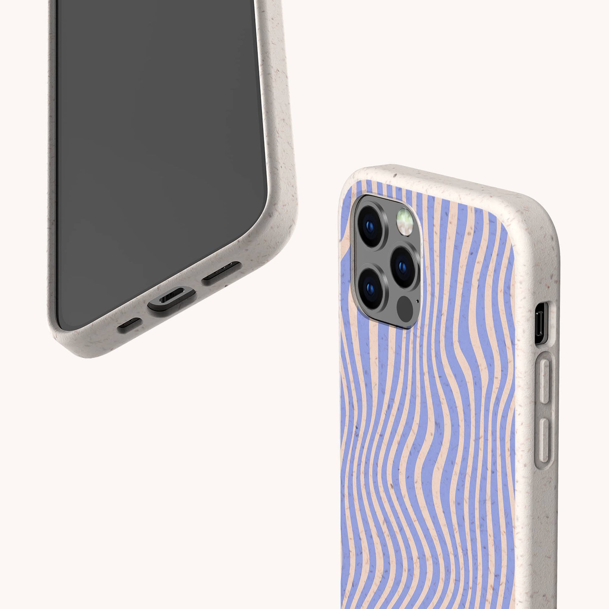 The Blue Distort Lines Eco-Friendly Phone Case, made from biodegradable materials, features a textured beige frame, wavy blue and tan design, fits iPhone & Samsung Galaxy, and is shown front and back on a light background.