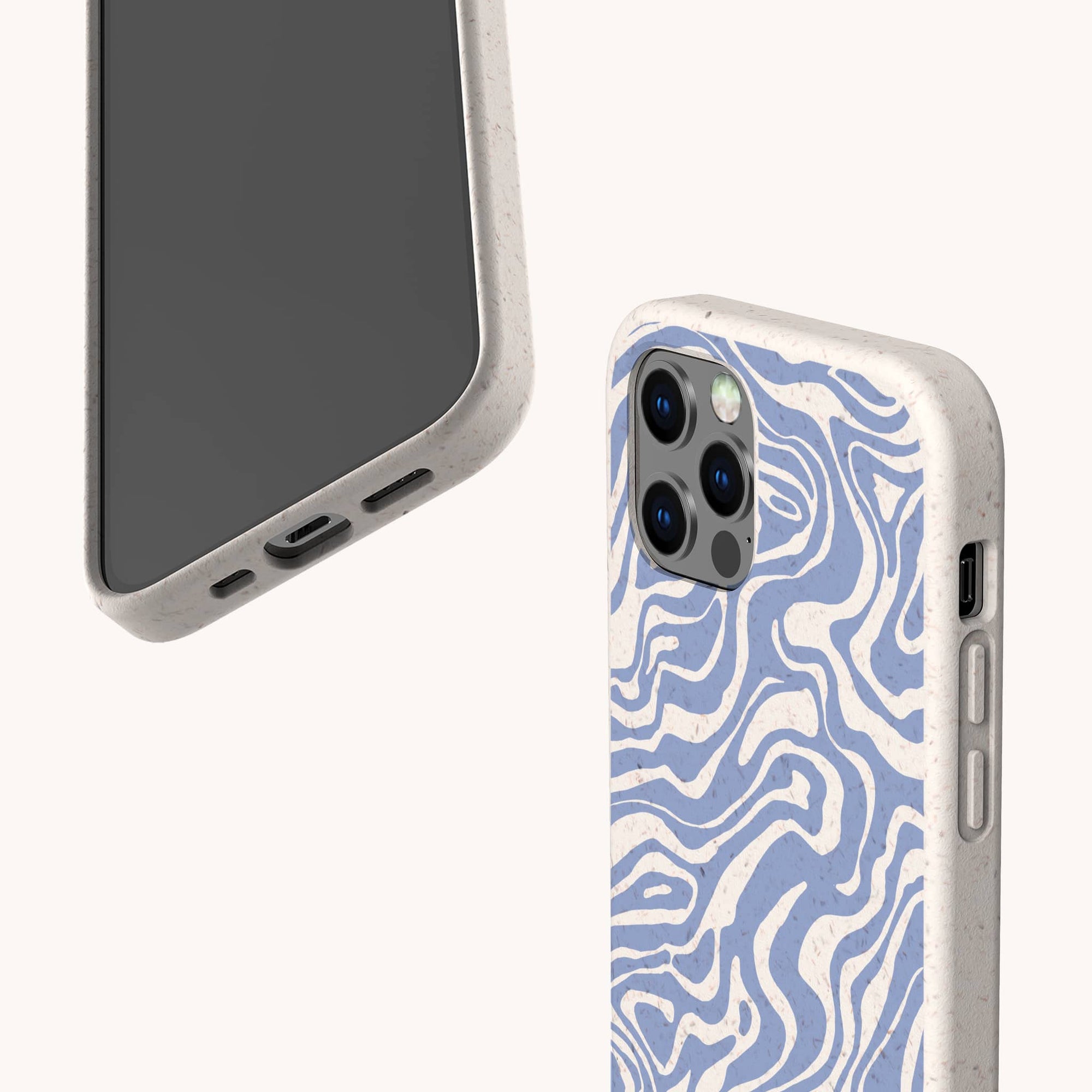 Two smartphones with beige Blue Marble Swirl Eco-Friendly Phone Cases: one shows the front, the other reveals a blue and white marbled back. Both cases feature a speckled texture and precise cutouts for ports and cameras.