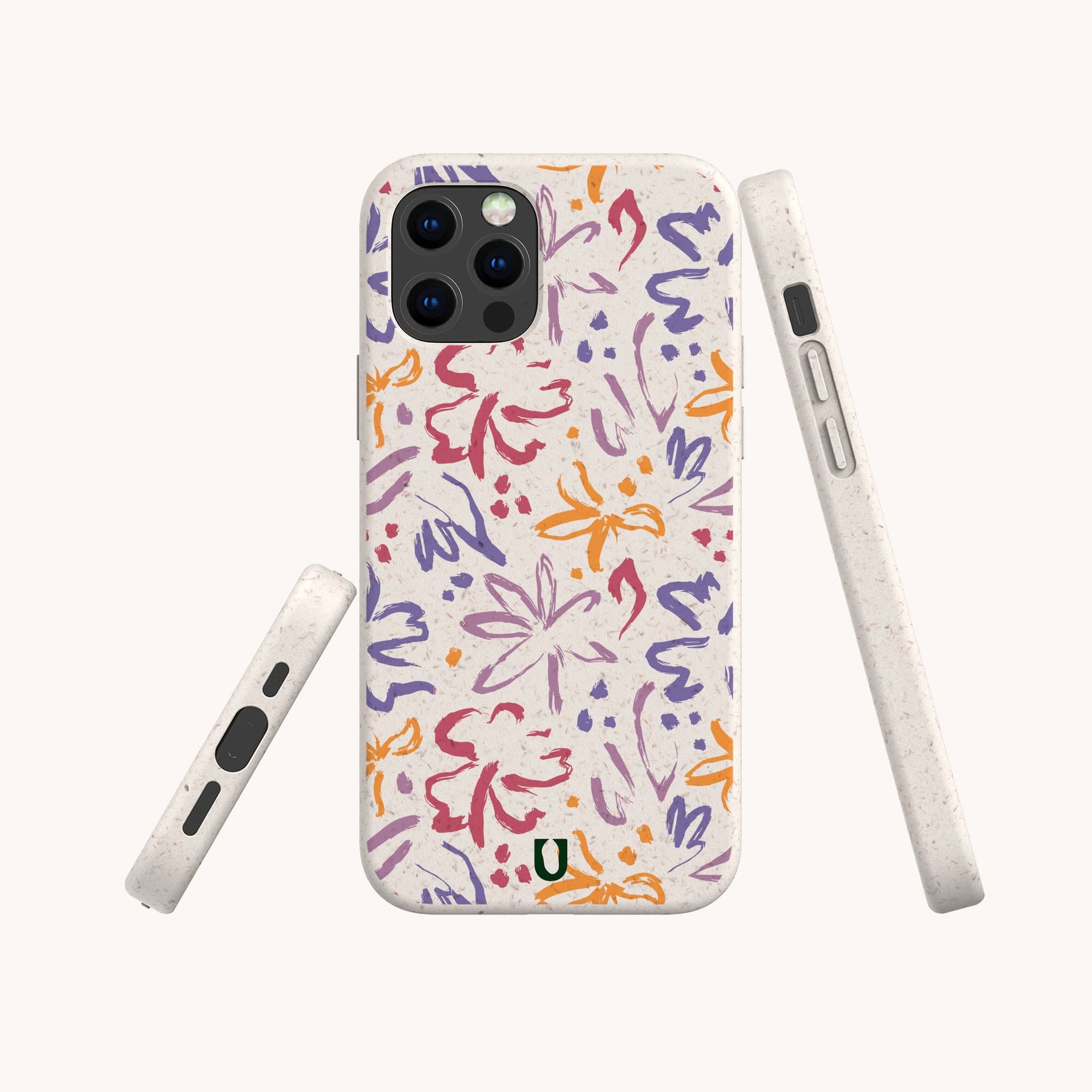 The Flower Strokes Eco-Friendly Phone Case features abstract floral brushstrokes in purple, orange, and red on a white background with a small green logo. Shown from multiple angles. Compatible with iPhone and Samsung Galaxy models.