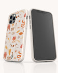Two smartphones in white cases featuring the Love Potion Eco-Friendly Phone Case design—covered in colorful, whimsical doodles like hearts, eyes, hands, leaves, and the word LOVE in bright orange and red—are displayed on a plain white background. These heart pattern phone cases are a charming choice for sustainable gifting, as each Love Potion Eco-Friendly Phone Case artfully combines playful style with environmental responsibility.
