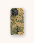 A smartphone with the Flower Garden Eco-Friendly Phone Case, which features a floral design of layered, overlapping leaves in beige, green, and olive tones on a light background.